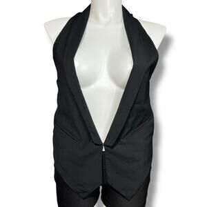 Apostrophe Womens Suit Vest Sleeveless Deep V Neck Satin Back Pockets Black Y2K